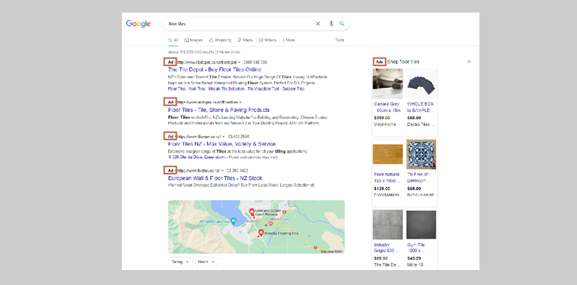 google search results page SERP with ads